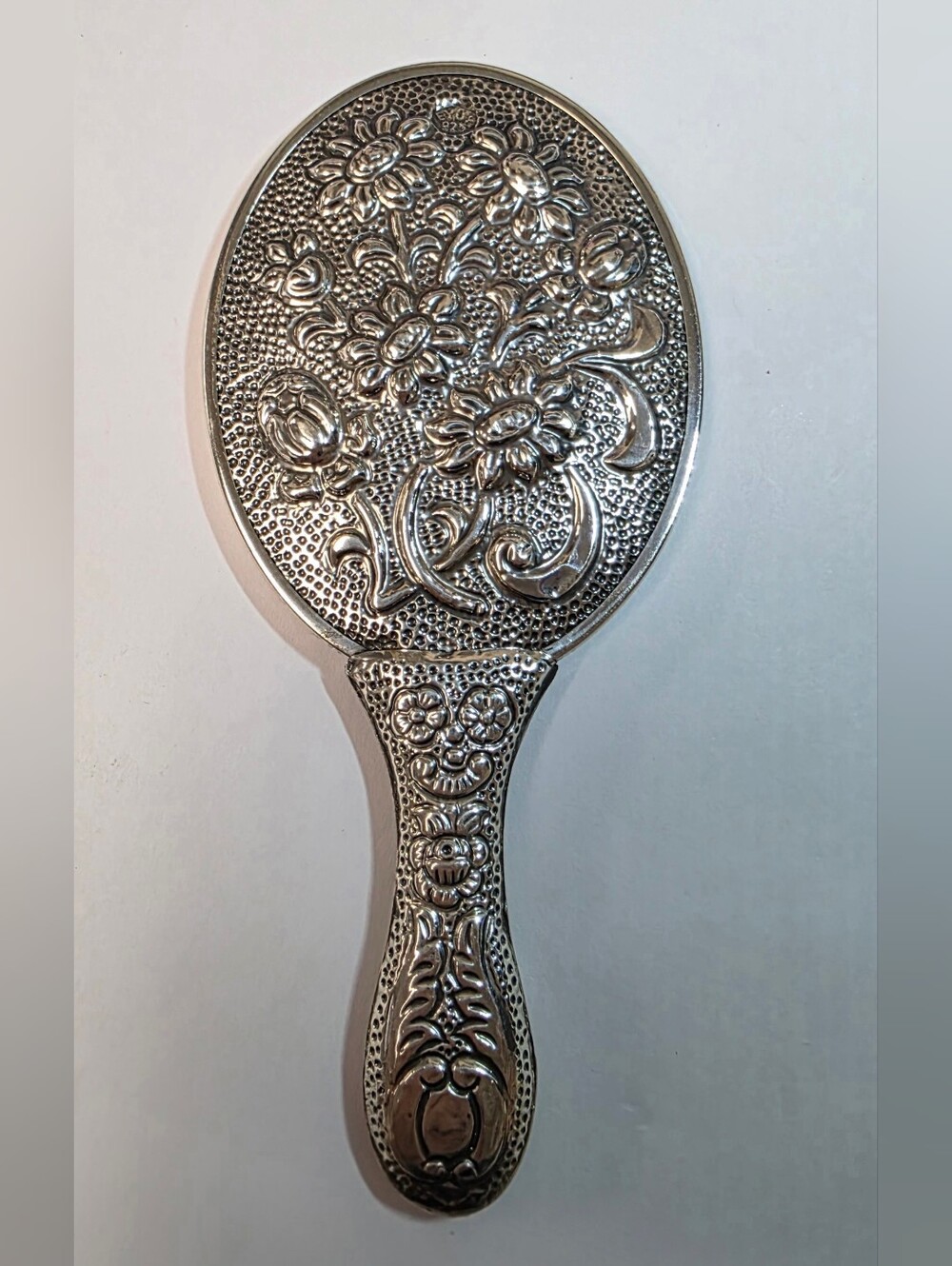 Vintage Turkish Floral Embossed Hand Mirror - Silver Tone